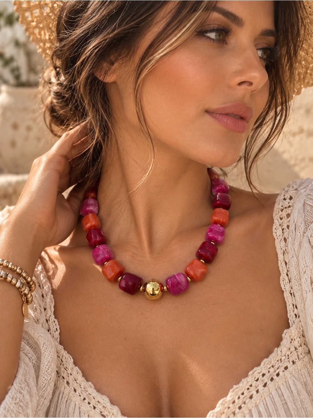 Pink & Orange Beaded Necklace with Gold Accent